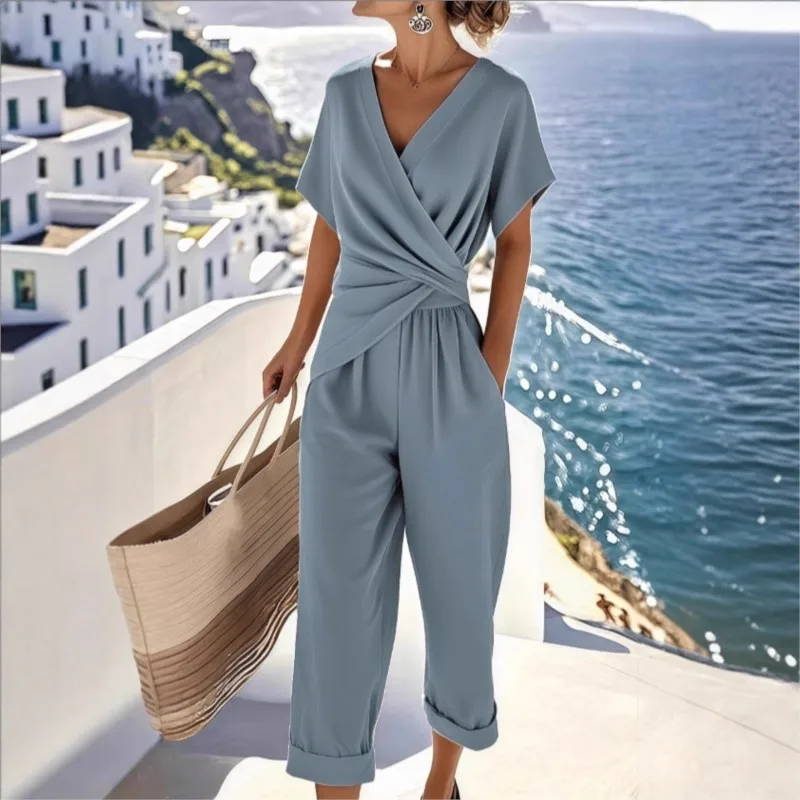 Women's Two-piece Set V-neck Short-sleeved Cross Straight Pants 2026 Women's Summer New Fashion Solid Color Irregular Top Suit