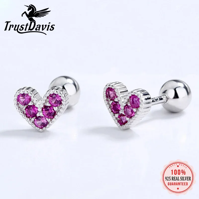 

TrustDavis Real 925 Sterling Silver Fashion Romantic Heart CZ Beads Screw Earring For Women Wedding Party Fine Jewelry DA2213