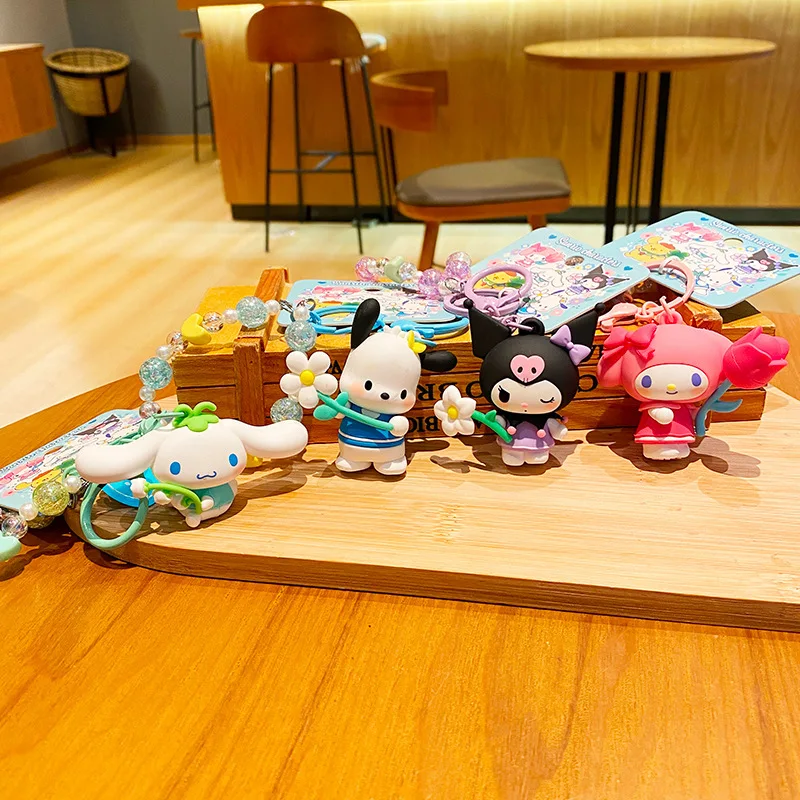 

Sanrio Kawaii Cartoon Tranquil Flower Language Keychain Pendant Cinnamoroll Kuromi Backpack Decoration Couple's Small Gifts