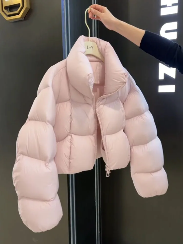 Unique Pink ort Puff Sle Women's down Jaet 2025 New Korean Version Small Size Bread Coat Warm Thiened High Waist Zipper