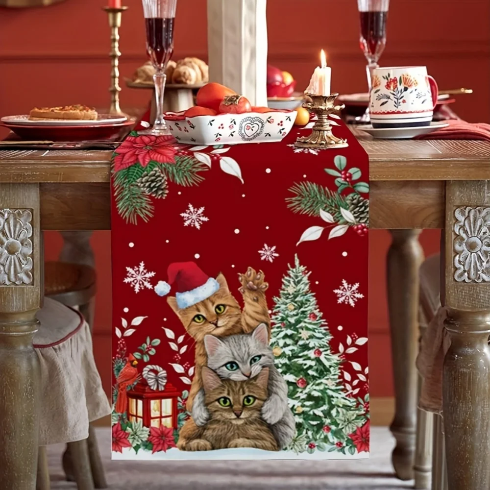 Christmas Linen Table Runner with Cats - Woven Rectangular Holiday Table Decoration for Home & Party