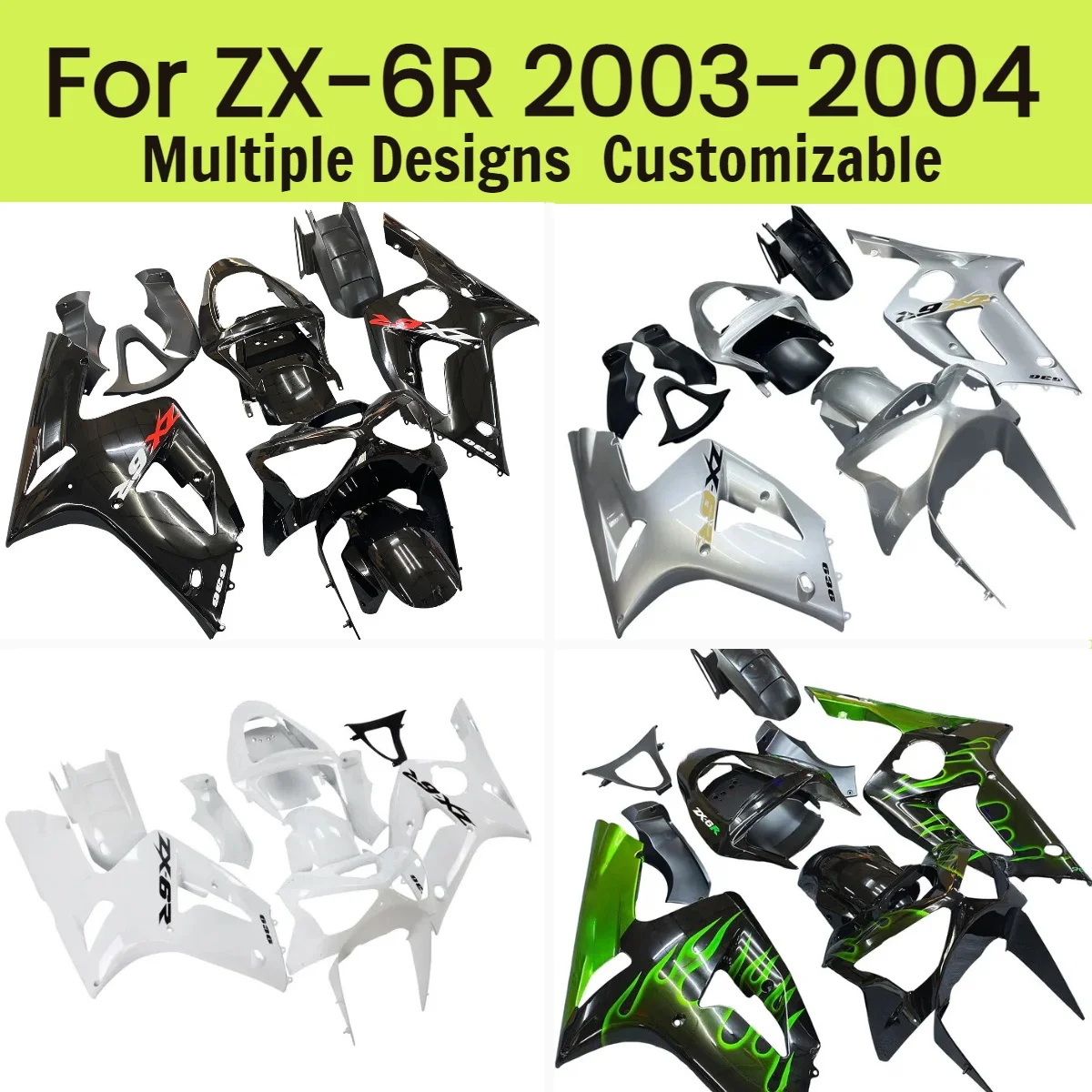 ZX6R 2003 2004 Fairings for Kawasaki ZX 6R 03 04 Green Flame Injection Customizable Motorcycle Fairing Kit