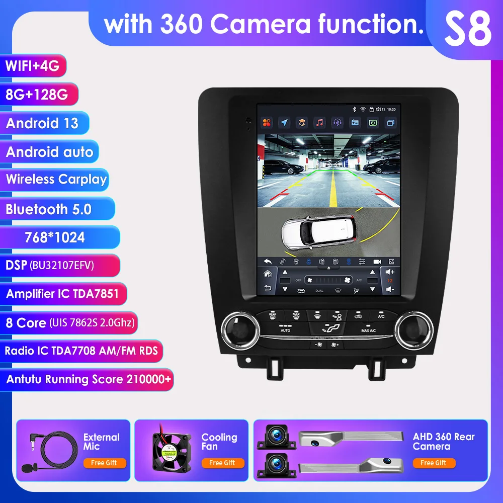 9.7 inch Android autoradio voor FORD Mustang 2010 - 2014, draadloze CarPlay, intelligent autosysteem, multimediasysteem 2DIN, 360 camera