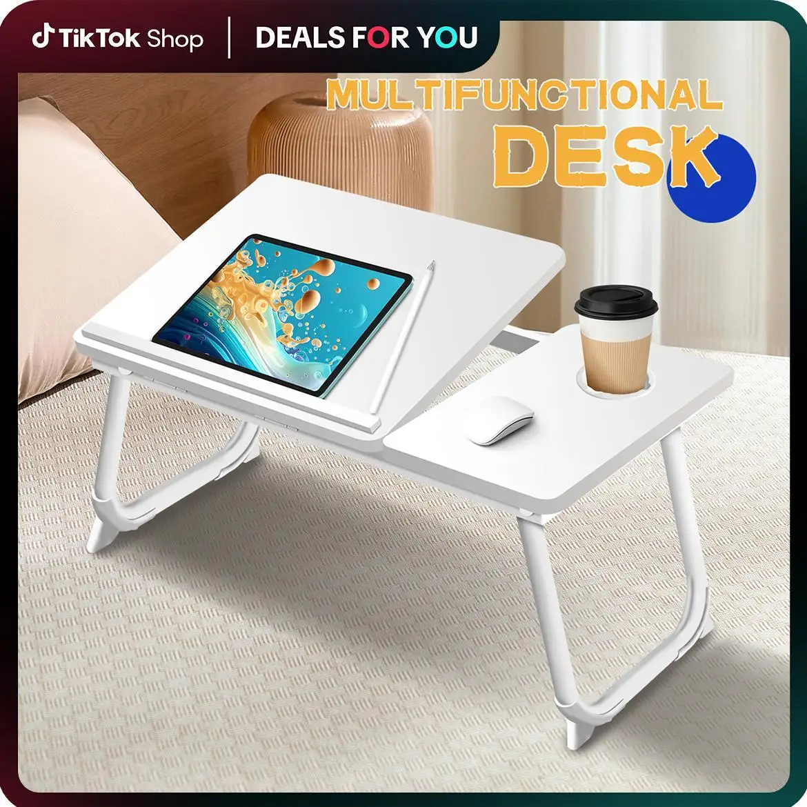 Adjustable Height Folding Laptop Desk Portable Multifunctional Lap Table with Cup Holder Sturdy Bed Tray Stand for Home Office Study Reading Couch Sofa