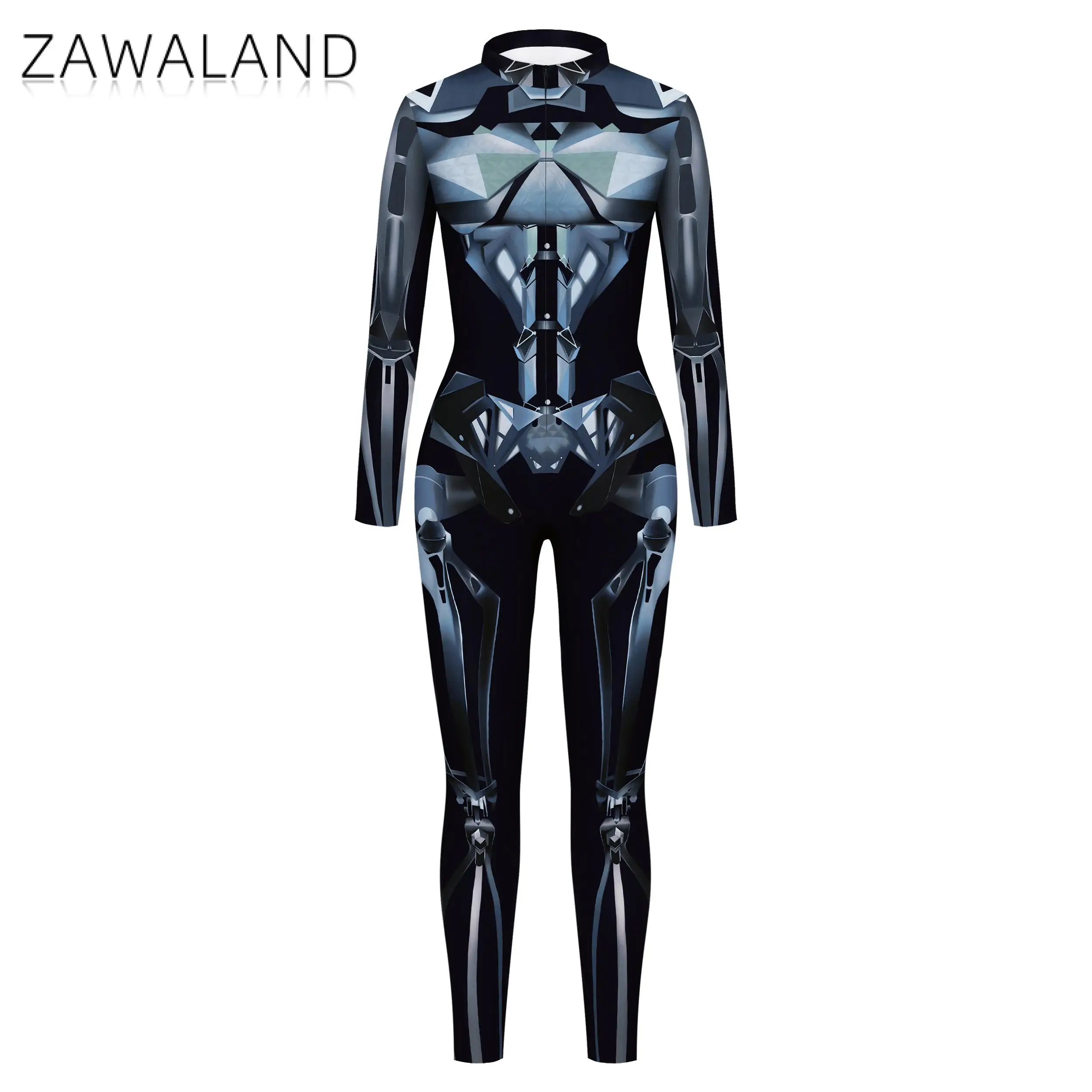 Zawaland Robot 3D Print Cool Men Bodysuit Steampunk Armor Jumpsuit Halloween Party Cosplay Costume Carnival Romper Zentai Suit