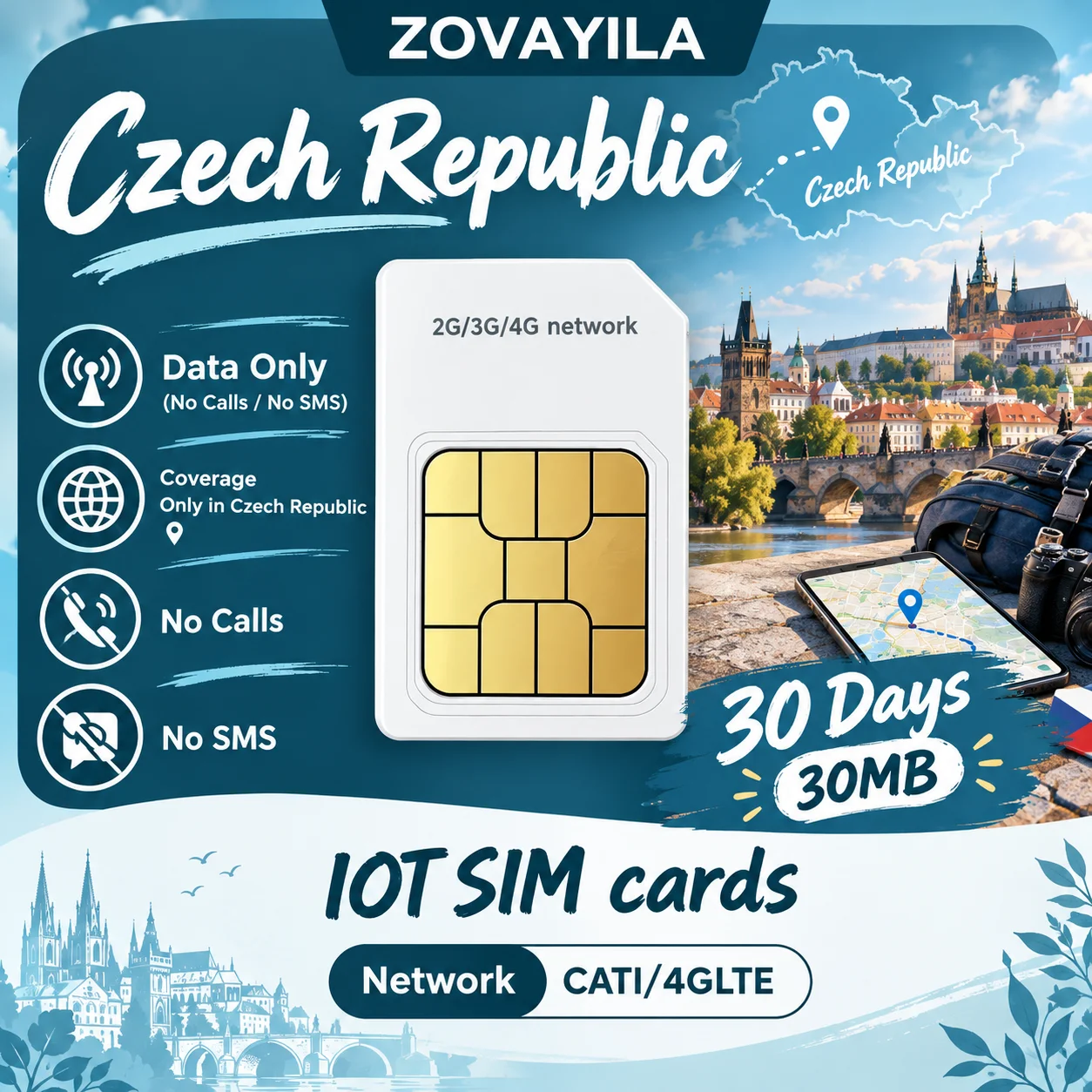 Czech Republic 30-Day 30MB Data-Only SIM Card for GPS Tracker Kids Elder Anti-Lost Watch Stable Adriatic Coast GPRS No Contract
