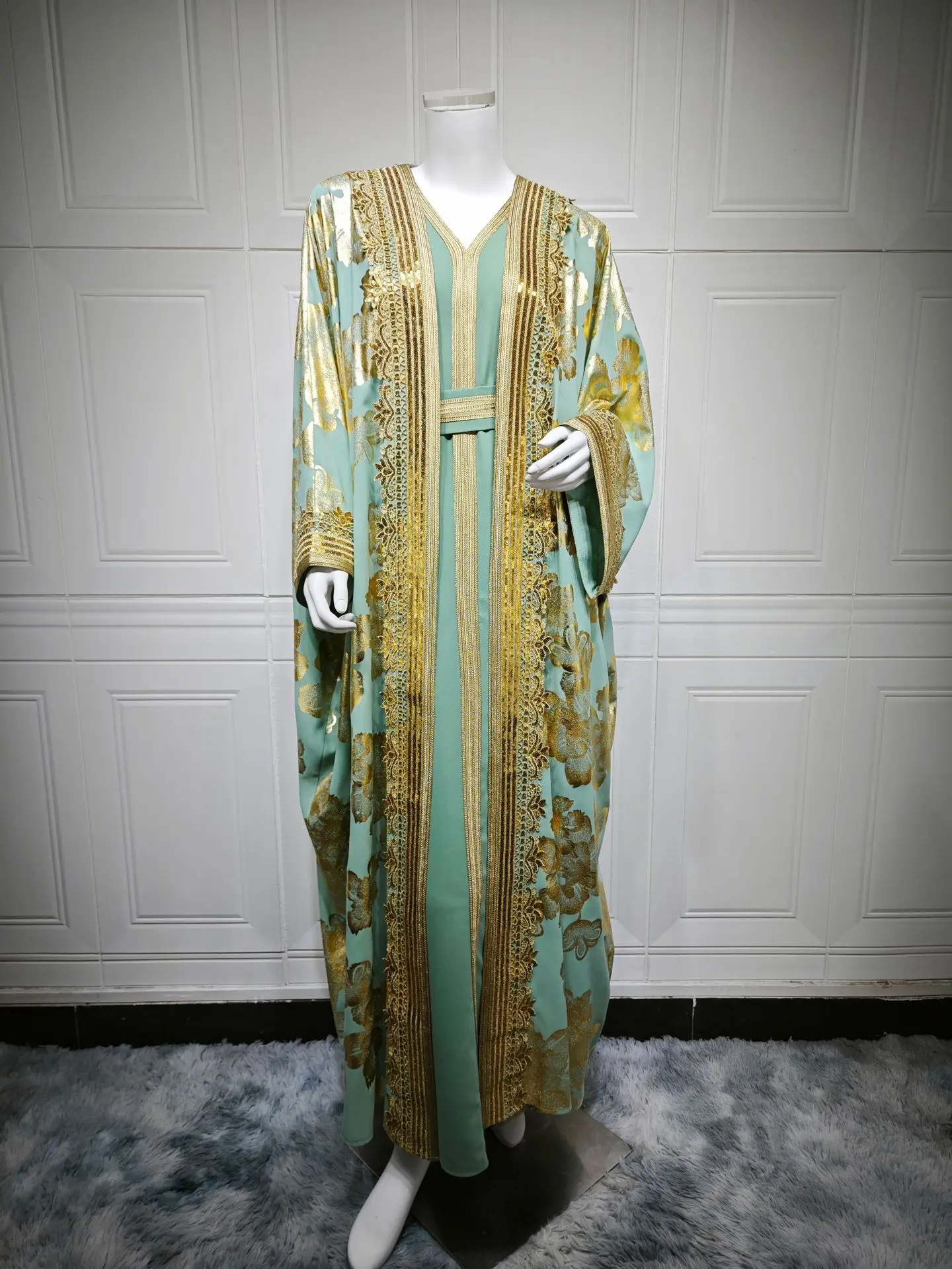 

Uni Luxury Gold Stamping Women Abayas Belt included Two-Piece Set Muslim Elegant Women Evening Dress