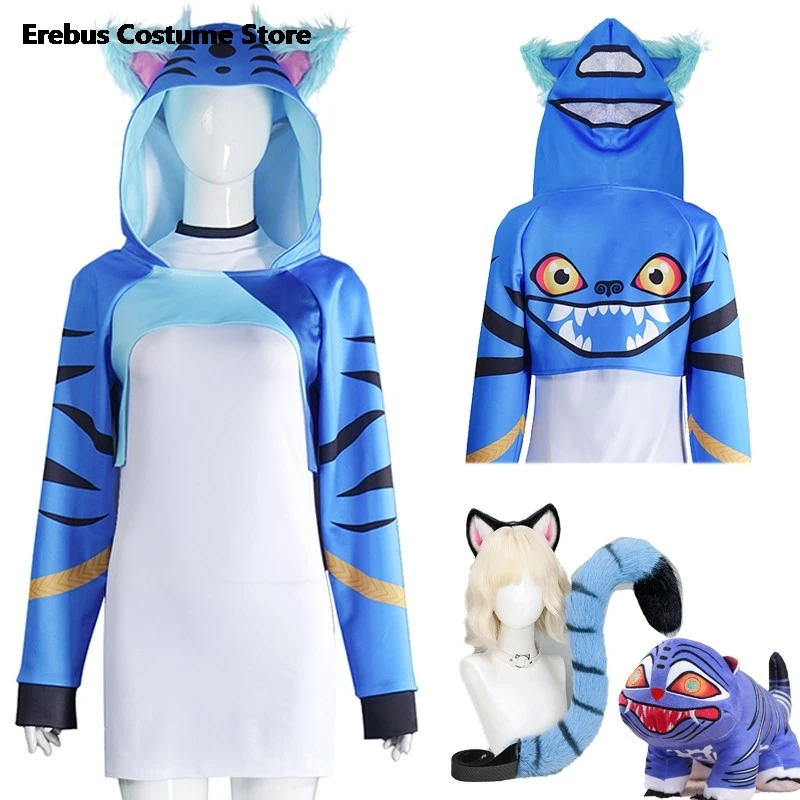 الكبار Guerreras Kpop الأزرق النمر تأثيري شيطان الوحش Derpy Deopi لطيف هودي آذان ملابس الهالوين أنيمي فروي البدلة زي #1