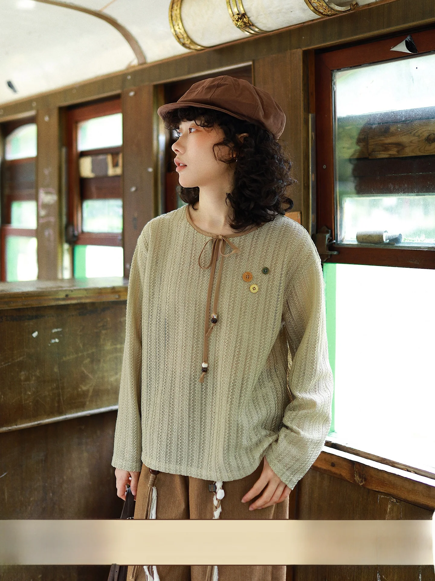 

Женская летняя свободная вязаная кофта Ashita Stu в японском стиле с вырезами, длинным рукавом и круглым вырезом горловины, повседневная, с охлаждающим эффектом