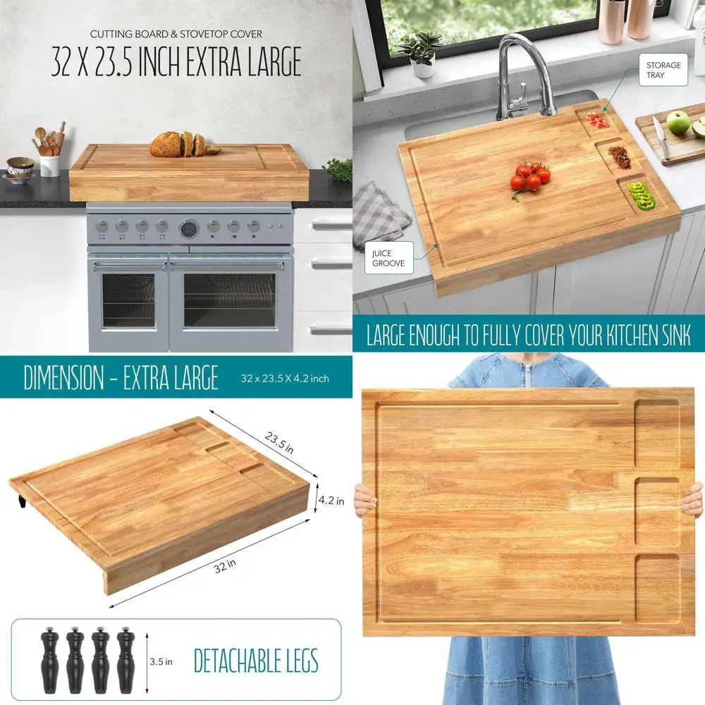 

Large Dual-Purpose Wooden Board: Cutting Surface & Stovetop Protector with Legs & Juice Groove
