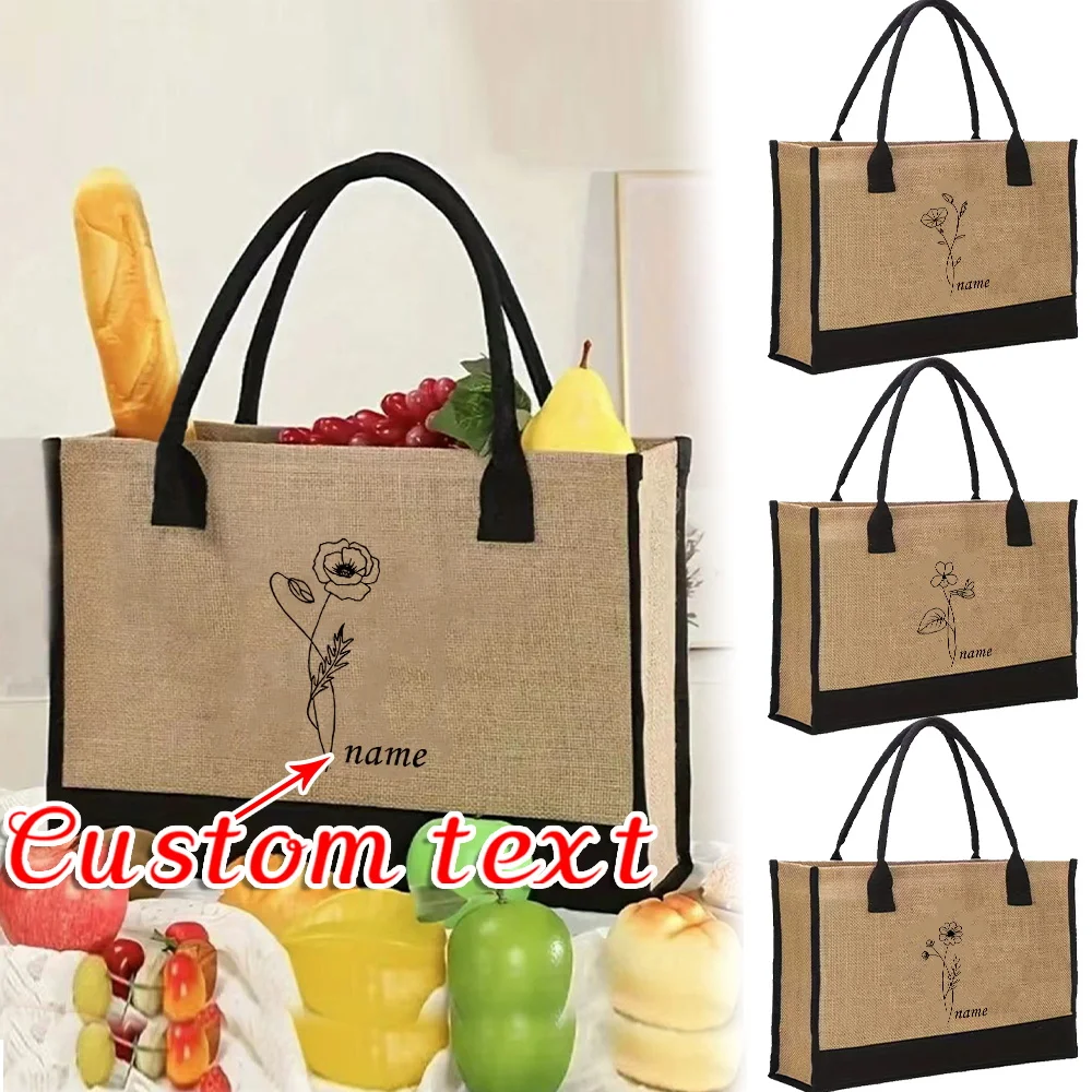 Personalized Customized Name Linen Shopper Tote Vintage Women Shopping Bags Portable Eco Summer Beach Bag Fashion Handbags