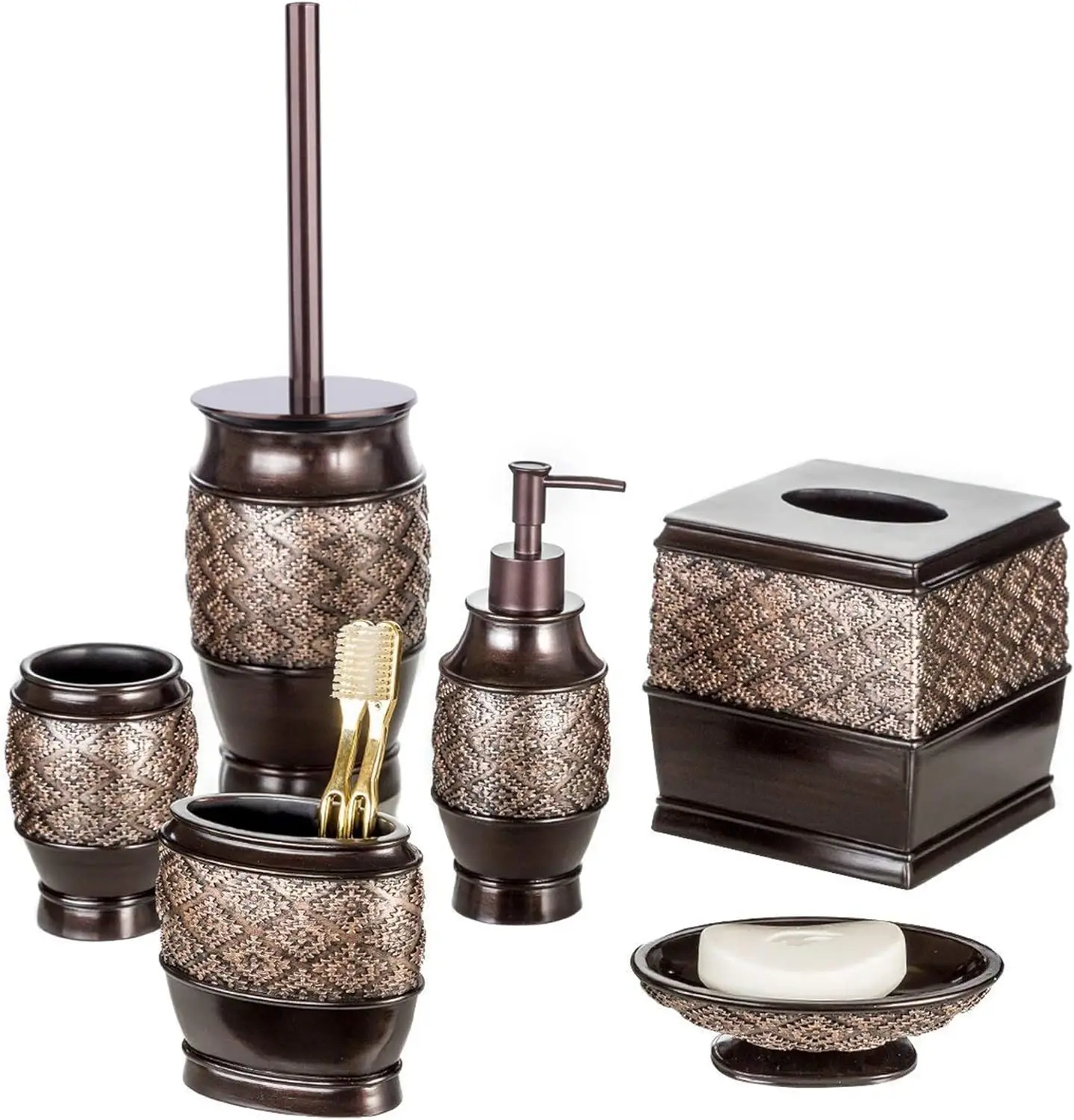 

6-Piece Bathroom Set with Toilet Brush, Tissue Cover, Soap Dispenser, Dish, Tumbler & Holder - Creative Scents Dublin Brown