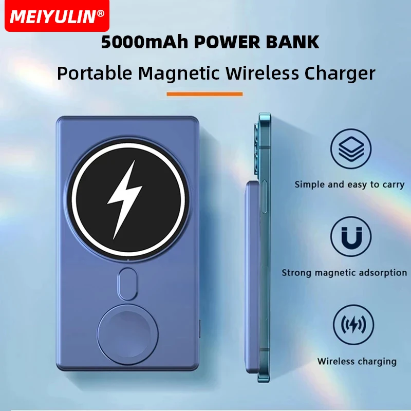 

5000mAh Slim Magnetic Wireless Power Bank Portable Fast Charger for Apple iWatch USB C External Spare Battery For iPhone 15 14