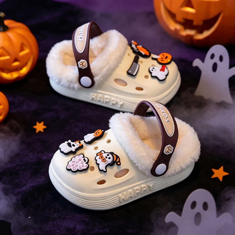 Niedliche Halloween-Geister-Kürbis-Dekoration, gefütterte Clogs für Kleinkinder, warme, rutschfeste Hausschuhe für Jungen und Mädchen. – Detail 5