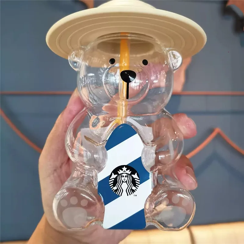 Starbucks Surf Bear Transparent Glass Straw Cup 473ml, Wide‑Hat Lid Portable Travel Drinkware, Reusable Beverage Mug Ideal