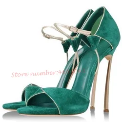 Green Suede Metal Heels Sandals Women Cover Heel Party Design Sandals Summer Peep Toe High Stiletto Heels Sandals Elegant Shoes