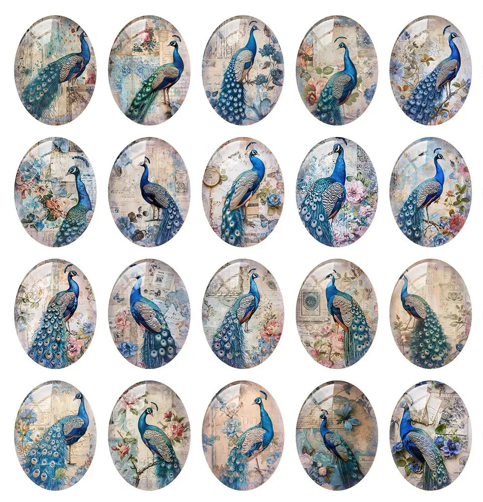 10pcs/lot Blue Peacock Flower Oval Photo Glass Cabochon Flatback Demo Flat Back Cameo For Diy Jewelry Making Supplies