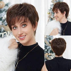 Short Pixie Cut Human Hair Blend Wigs with Side Fluffy Bangs Natural Brown Black Layered Bob Wig Human Hair Blend Wigs for Women