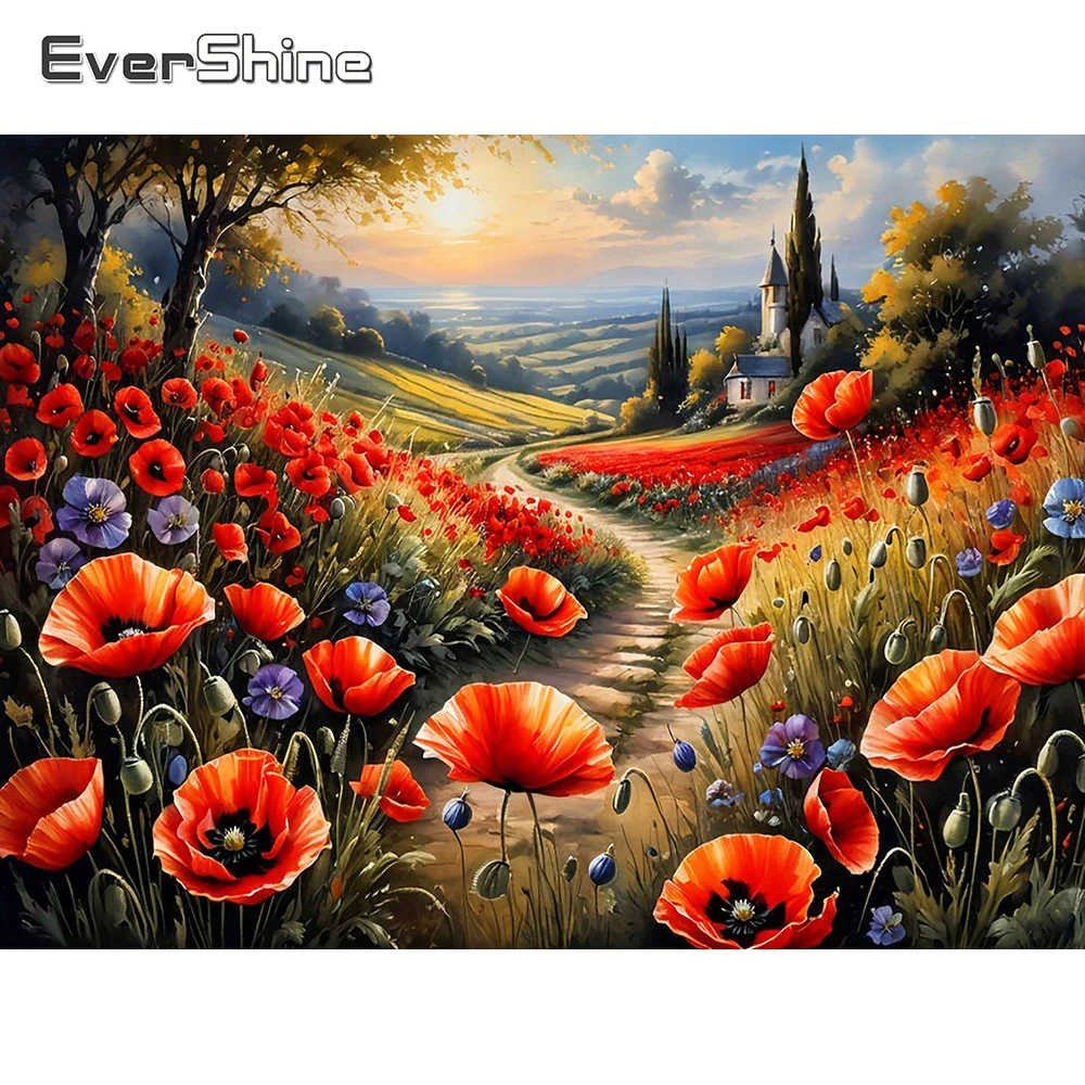 EverShine Diamant-Gemälde mit Blumen-Motiv, Strass-Stickerei, Mohnblumen, quadratisches Mosaik, Straßenbild, Baum-Dekoration für Zuhause
