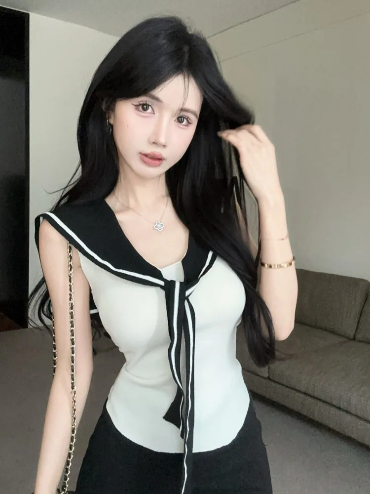 

Korean Style Slim Fit Knitwear Naval Collar Color Block Sexy Girl Casual Fashion Thinming Top Quality Material Summer Season