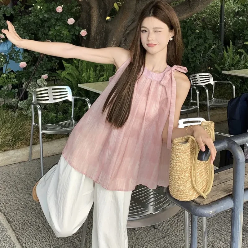

Bow Tie Pink Halterneck Sleeveless Shirt For Women Summer Gentle Style French Style Beautiful Off-shoulder Baby Top Clothes