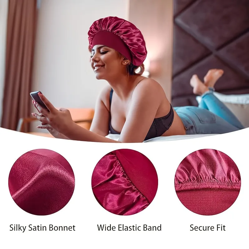 Women Satin Sleep Bonnet Wide Band Elastic Hair Wrap Night Cap Beauty Care Bathing Hat for Natural Curly Hair Gift for Women