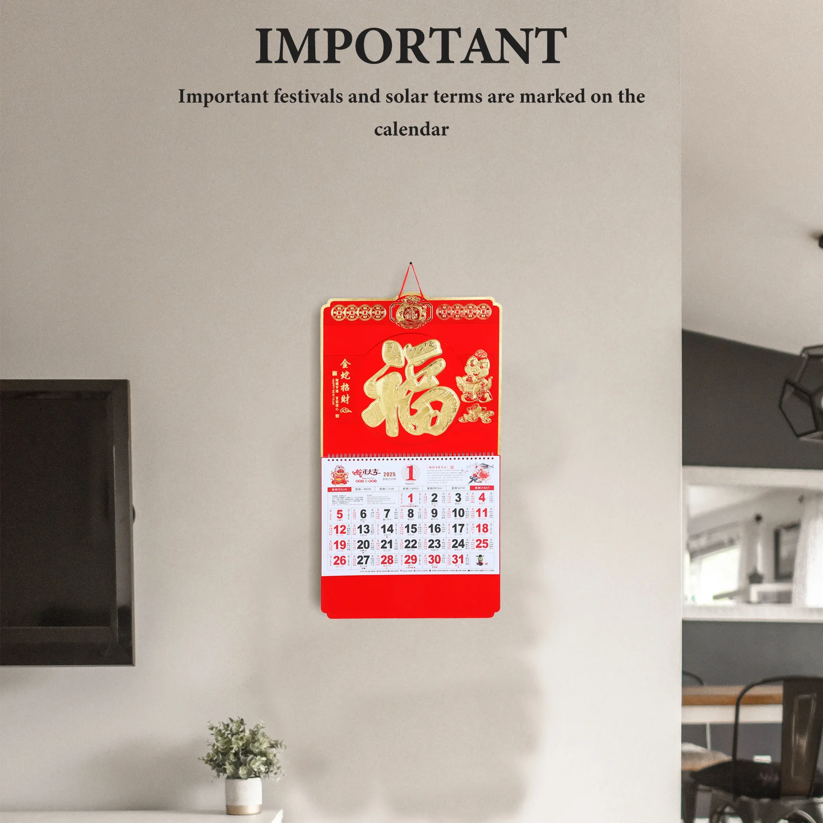 

Настенный календарь на 2025 год змеи, отрывной лунный обратный отсчет, плотная бумага, подвесное кольцо, красная веревка для домашнего офиса, декор стола