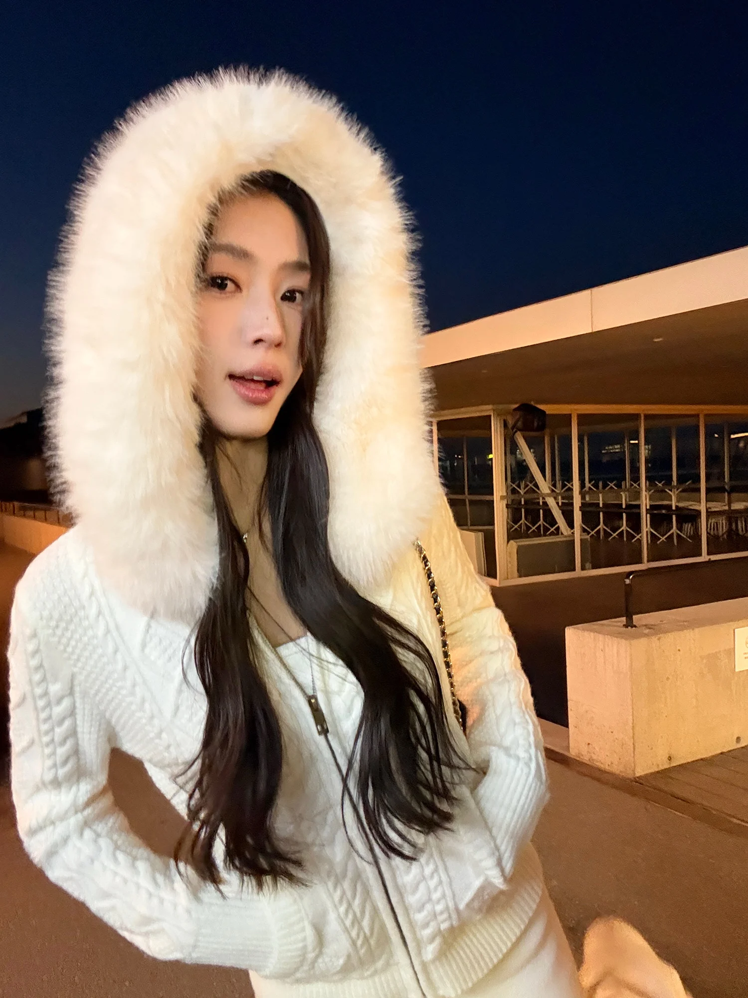 

Pusumede Detachable Fur Collar Hooded Knitted Open Cardigan Women's Slim Fit Sweater Jaet Long Sve ort Length Zipper C...