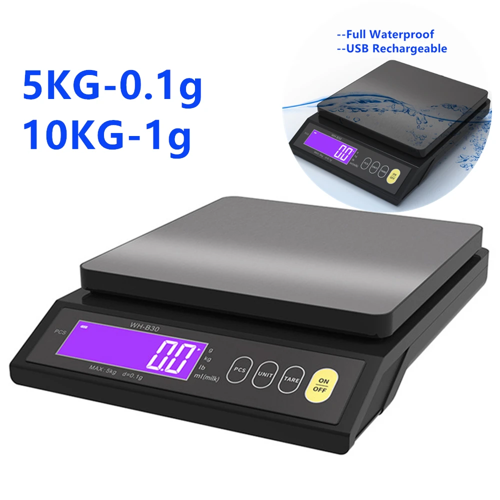 Kitchen Electronic Scale 10KG-1g 5KG-0.1g Full Waterproof Digital Measuring Weighing Tools USB Rechargeable Home Coffee Scale