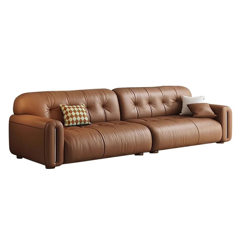 

Italian retro cloud first layer cowhide light luxury living room straight row sofa French