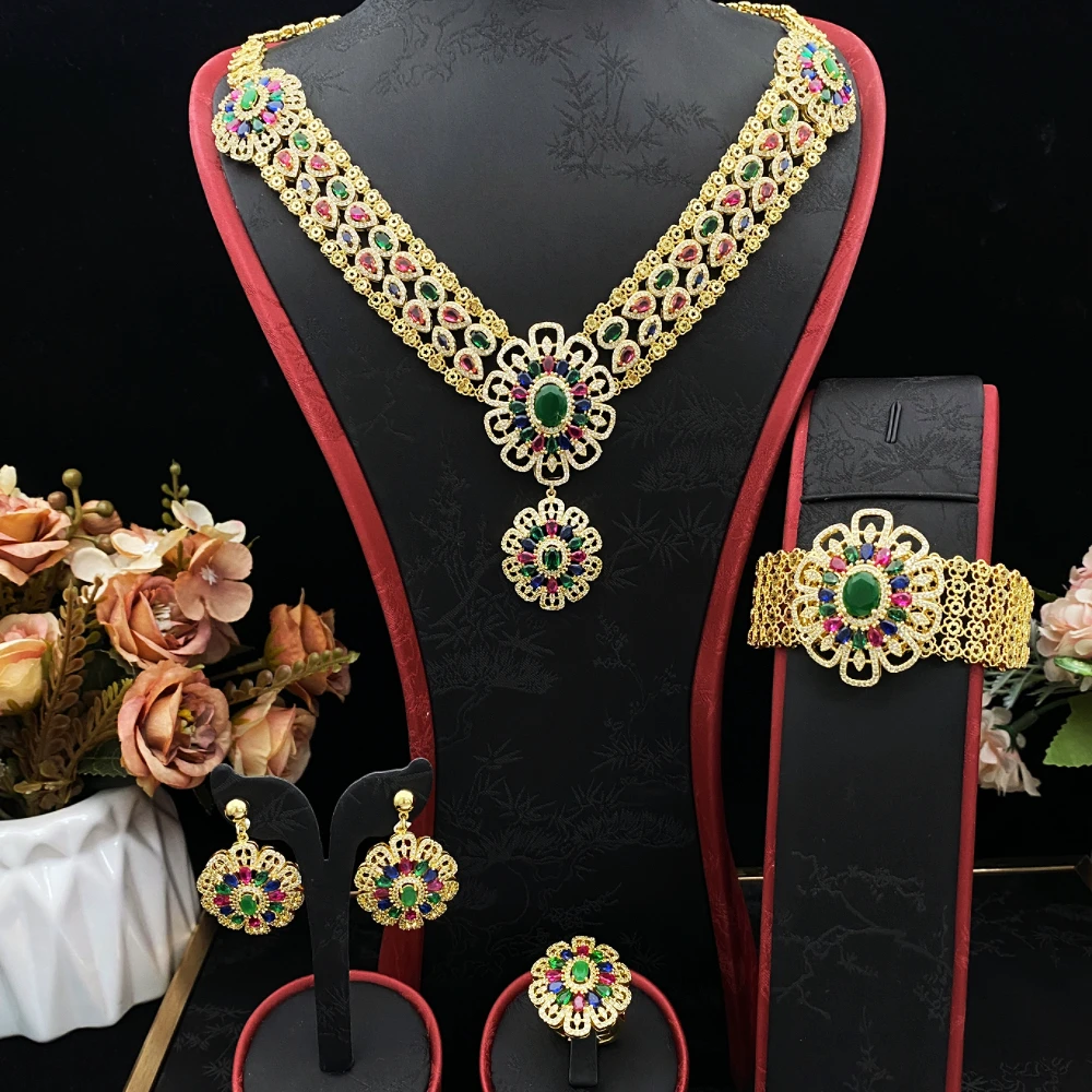 

JRH Zircon CZ Jewelry Set for Women Gold Plated Copper Bracelet Ring Necklace Earrings Moroccan Wedding Accessory