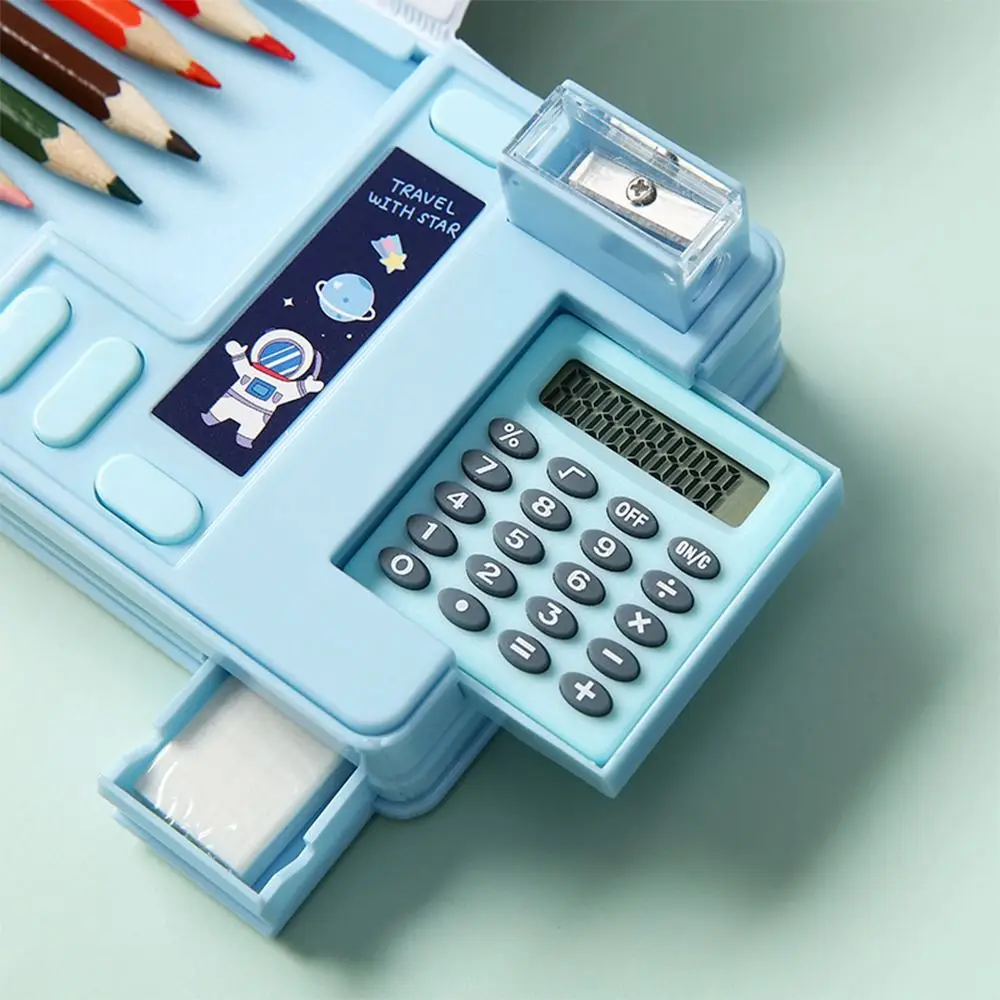 Double Layer Pencil Case With Calculator Pencil Sharpener Stationery Storage Box Astronaut/Animal Design Plastic