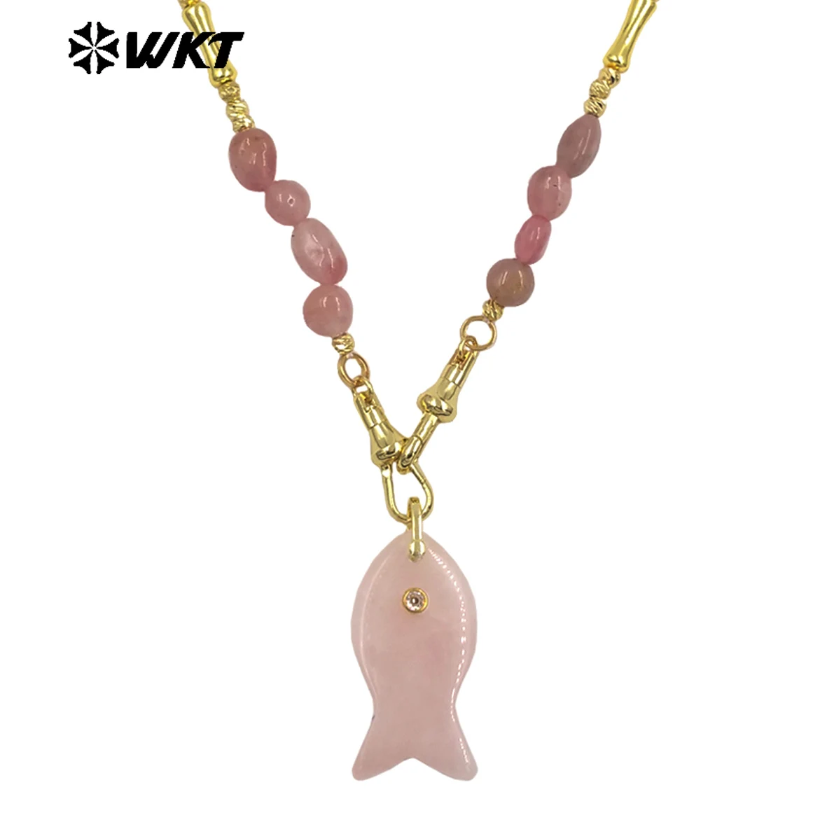 

WT-N1522 Wonderful Stone Beads Splicing Metal Gold Chain With Natural Gemstones Fish Shape Pendant Necklaces For Women Gift