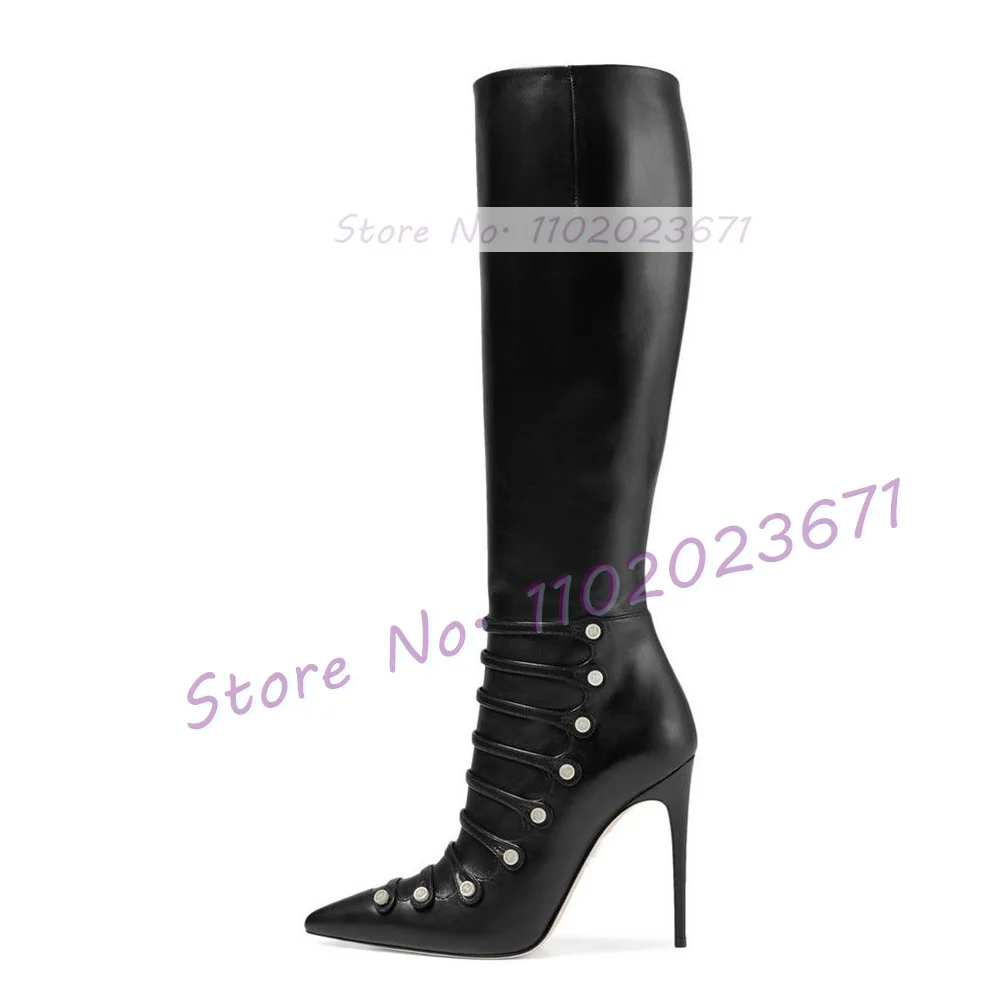 Bottes pointues au genou à lanières noires pour femmes, talons aiguilles, chaussures de fête décontractées, bottes à boutons perlés, fermeture à glissière latérale sexy pour dames