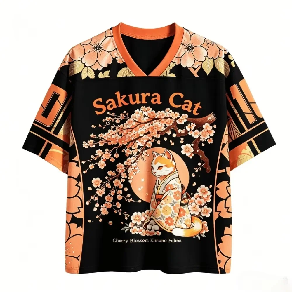 Japanese Ukiyo-e Cherry Blossom Cat 3D Print Breatha Quick-drying Men Women V-neck Tshirt Outdoor Street FashionY2K Parent-Child