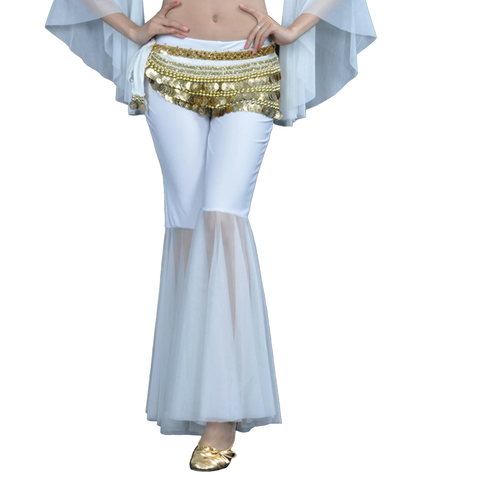 Womens Belly Dance Practice Stage Performance Costume Sheer Tulle Bell-Bottomed Pants Low Rise Flared Trousers