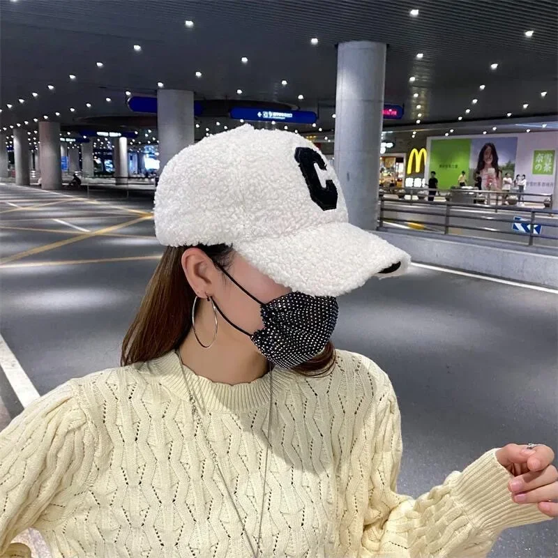 Winter Lamb Baseball Cap Woman Korean C Letter Caps Fashion Men Hipster INS Plush Warm Simple Peaked Hat Causal Outdoor Caps