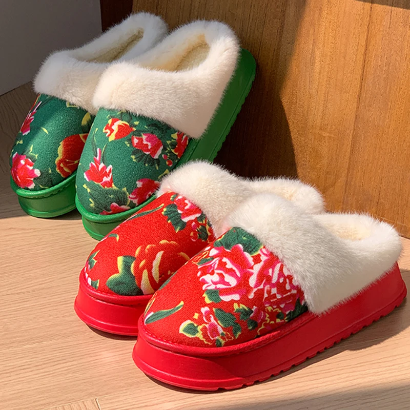 

Тапочки на платформе с цветочным принтом в стиле ретро, женские теплые домашние тапочки на плюшевой подкладке, нескользящая домашняя обувь на толстой подошве