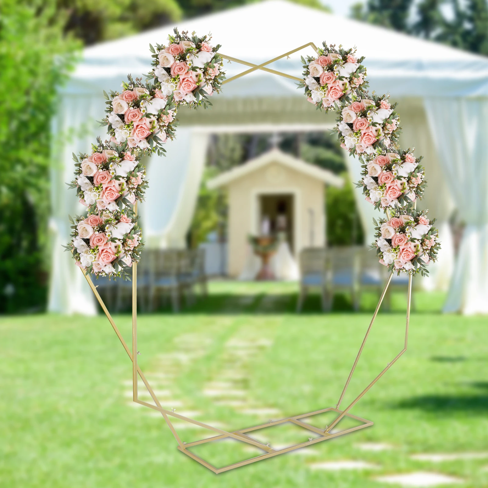 Dual Geometric Shaped Gold Metal Hexagon & Heptagon Backdrop Stand, Metal Wedding Arch