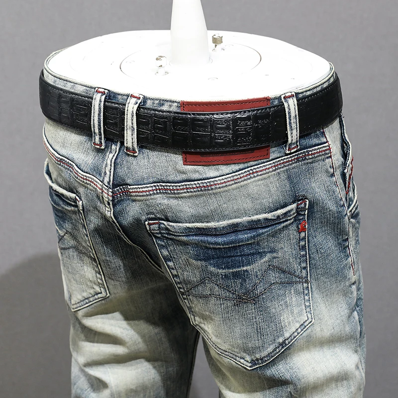 Italian Style Fashion Men Jeans High Quality Retro Washed Blue Stretch Slim Fit Ripped Jeans Men Vintage Designer Denim Pants