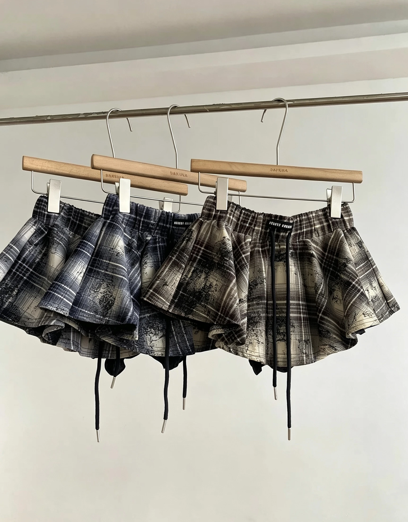 Women's Summer Autumn Streetwear High Waist A Line Plaid Short Skirt Lady Streetwear Drawstring Waist Mini Skirt