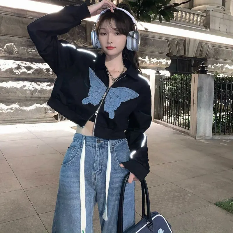 

Embroidery Short Jacket Women's Spring Autumn Loose Design Slimming Zipper Jacket Small Size Top Sweet Style