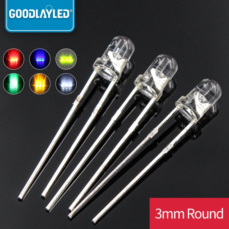 1000PCS LED 3mm Round Head With Short Legs Transparent White Red Blue Green Yellow PINK PURPLE Directly Inserted Beads