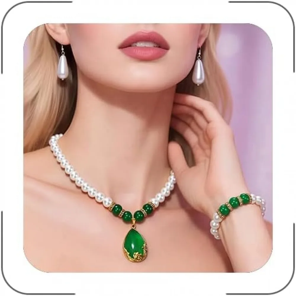 1 Pack Imitation Pearl Necklace for Women, Vintage Green Jade Teardrop Rose Pendant Faux Pearl Strand Necklace, Elegant Oriental Temperament Jewelry for Wedding Party Daily Mother’s Day Birthday Gift