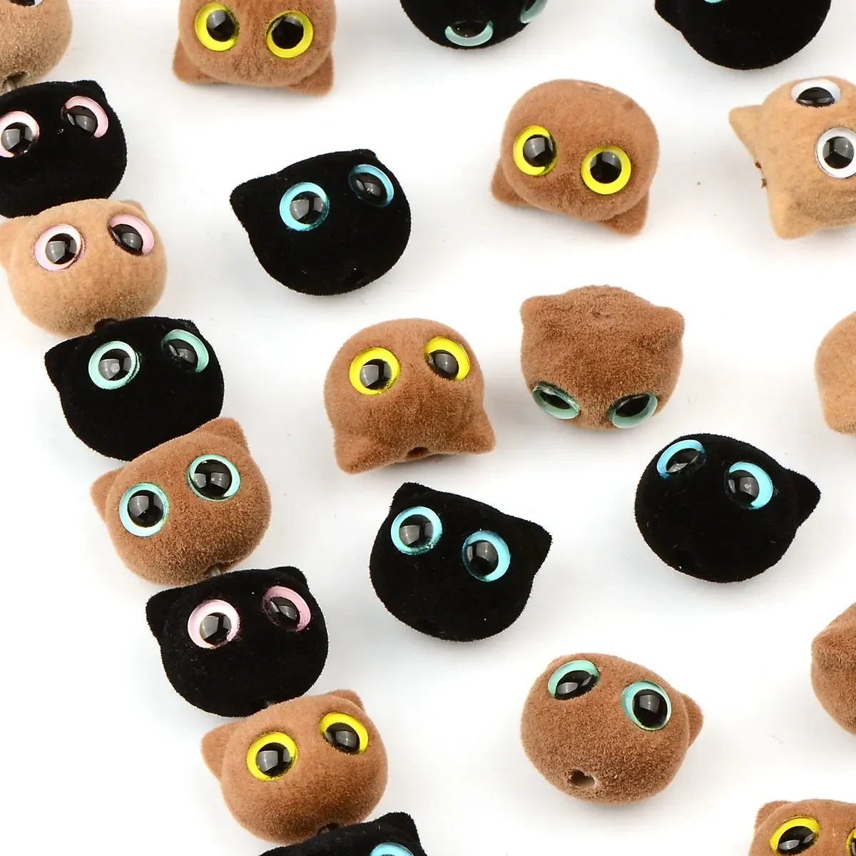 6pcs 1.9x1.6cm Random Color Mix Flocking Material Acrylic Beads Big Eyed Cat Head DIY Handmade Jewelry Material Accessories