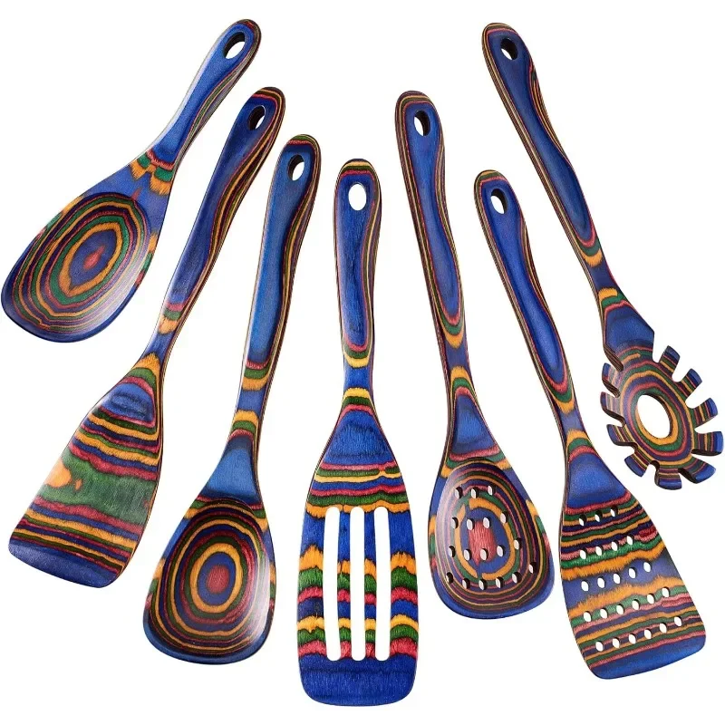 

7-Piece Blue Wooden Cookware Set Kitchen Spoon Tool Set Includes Wooden Spoon and Scraper for Daily Use