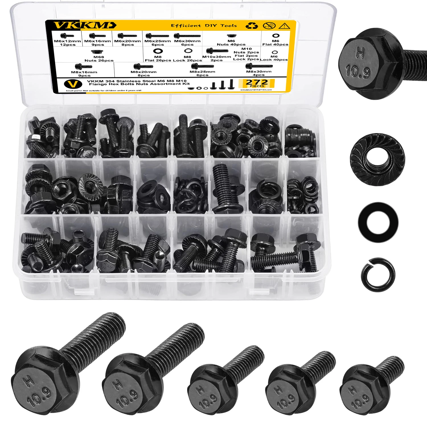 272Pcs Flange Hex Bolts and Nuts Kit,M6 Bolt,M8 x1.25 Bolts,M10-1.5, Metric Bolt Assortment,Alloy Steel Class 10.9