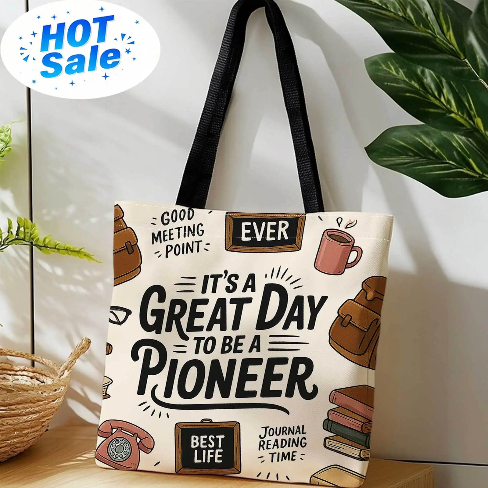 A Shopping Tote Bag with Prints on Both Sides, Featuring Designs Like a Pioneer, Books, And a Retro Phone. It'S Lightweight, Fol