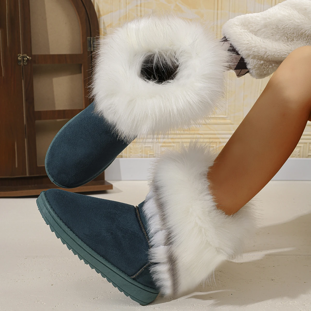 Damen-Winterstiefel bis zum Knie, mit Fell gefüttert, Baumwollschuhe, Freizeit-Flachschuhe, runde Zehen, Gummisohle, einfarbig – Detail 15