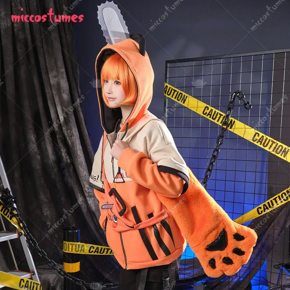 Miccostumes Chainsaw Derivative Pullover Hoodie with Detachable Bag Design Furry Paw Gloves Orange Hooded Zipper Sweatshirt +Bag